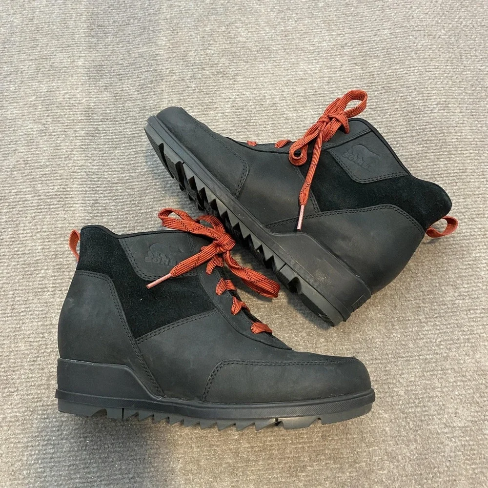 Sorel Boots Womens Size 7.5 Black Leather Wedge Ankle Lace Up Booties NL4902-010